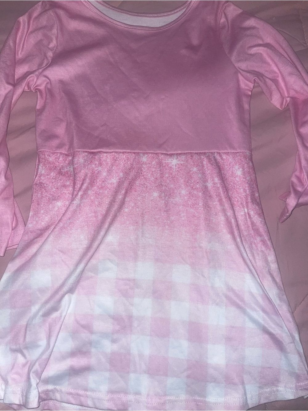 Girls' Pink Ombre Check Long-Sleeve Casual Dress